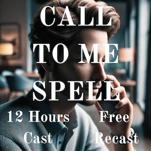 Op de afbeelding: Een persoon met bruin haar en een baard die op een zwarte smartphone praat. De afbeelding bevat witte tekst met de tekst CALL TO ME SPELL, 12 Hours, Free, Cast en Recast. De persoon draagt een grijs overhemd met kraag in een donkere kamer.