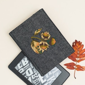 Embroidery Kindle PaperWhite case Kindle Scribe case handmade gift idea Woodland decor Best Flip  cover protective denim black brown grey