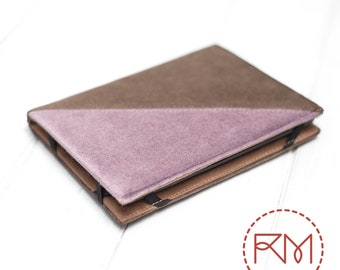 Étui pour Kindle Scribe, fait main, papier brun, couverture blanche violette, signature de protection géométrique moderne, mince, léger, compact, cadeau pour amoureux des livres