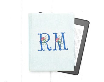 Personalized Denim Kindle Case – Embroidered Initials, Custom Book Cover