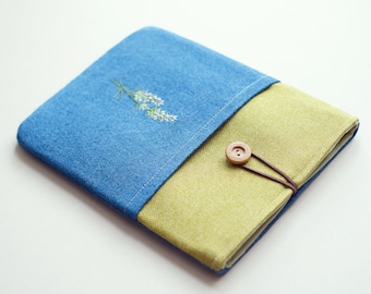 Denim iPad Case custom size Lavender Flower Embroidery Pocket Button Blue and Green Provence style soft protective ipad pouch handmade UK