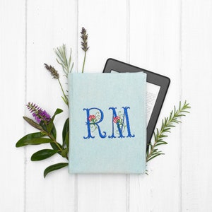 Personalised Paperwhite kindle case initials denim embroidery protective cover handmade customized read lover gift signature monogram flower image 3