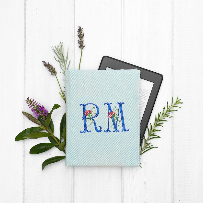 Personalised Paperwhite kindle case initials denim embroidery protective cover handmade customized read lover gift signature monogram flower image 3