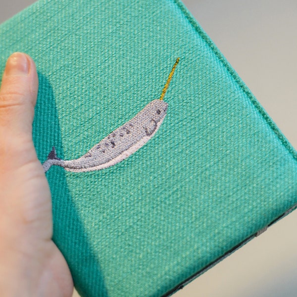 Embroidery Kindle case handmade Teal paperwhite signature Kindle Scribe case canvas cover Unicorn fish Narwhal gift personalised