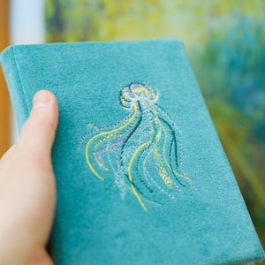 Fabric Kindle Case Teal Jellyfish Embroidery, Book Lover Gift Handmade kindle cover