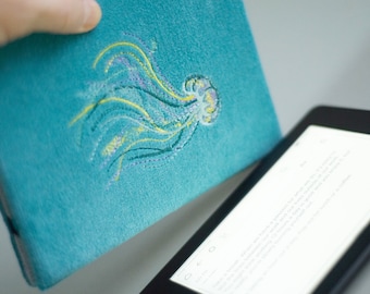 New Kindle case embroidery Jellyfish Kindle Scribe case teal protective Slim Flip Kindle PaperWhite 5 signature cover 6 inch book lover gift