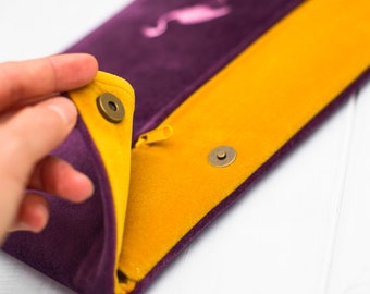Embroidered Flamingo Velour Tablet Sleeve – Purple & Mustard, Zip Pocket