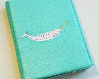 Narwhal Kindle Cover – Aqua Woven Fabric Case with Embroidered Whale Paperwhite, Scribe, Signature, Colorsoft Handmade Gift Kindle Lovers