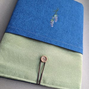 Embroidered Lavender Flower Denim Tablet Case, Green Canvas Sleeve