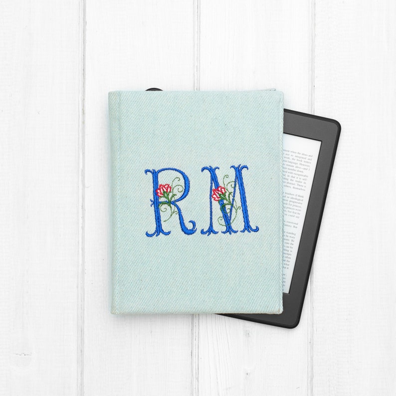 Personalised Paperwhite kindle case initials denim embroidery protective cover handmade customized read lover gift signature monogram flower image 7