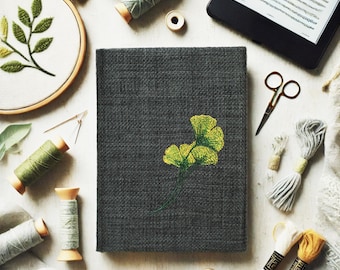 Ginkgo Kindle Case Paperwhite Signature Colorsoft Scribe | Embroidered Kindle Cover | Grey Upholstery | Custom Handmade Gift