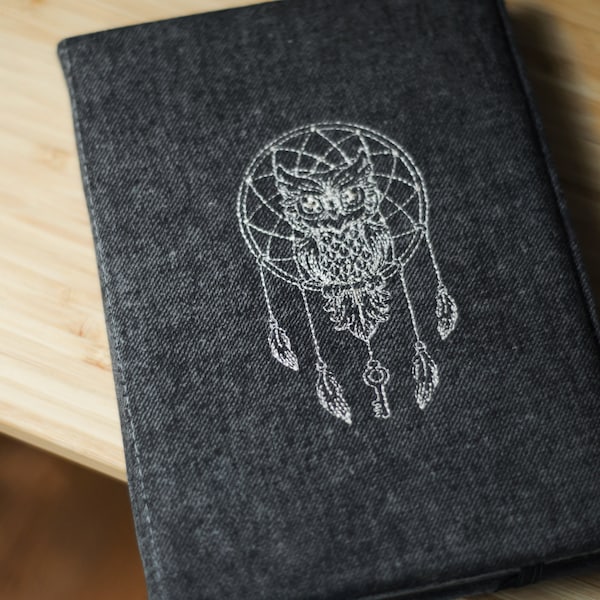 Grey denim kobo libra colour case elipsa 2E cover kobo Sage case clara BW case kobo cover kobo nia case kobo aura one case OWL embroidery