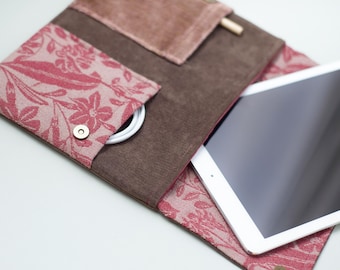 iPad Sleeve Floral Pink Velour Case with Pocket – Padded Soft Handmade iPad Cover