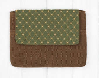 Handmade Tablet Sleeve with Pocket, Brown & Green Padded Case