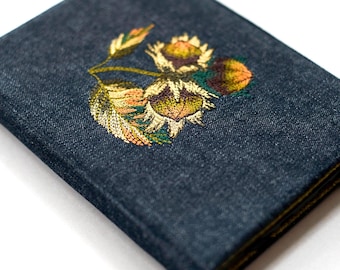 Fabric Kindle Case Black Denim Hard Cover Botanical embroidery Hazelnut