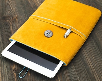 Handmade Yellow Velvet Galaxy Tab Sleeve: Padded Tablet Pouch