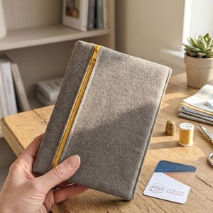 Grey Canvas Kindle Cover | Yellow Zip Pocket Handmade UK, Minimalist Design