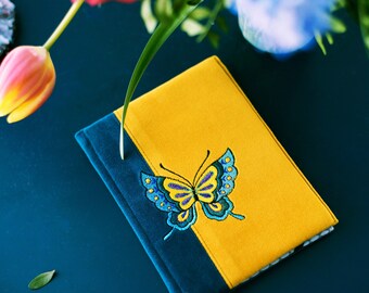 Kobo case with butterfly Embroidery beautiful blue yellow handmade Clara 2E gift Flip slim cover protective soft fabric ebook reader