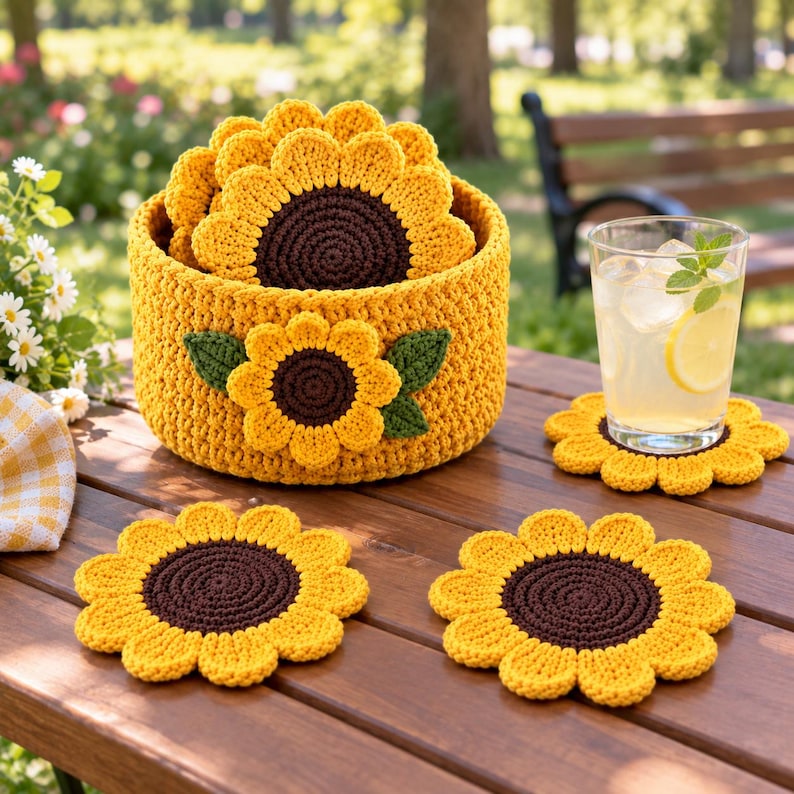 Round Crochet Rug Pattern Crochet Sunflower Coaster Pattern PDF, Flower Mug Rug Set, Matching ...