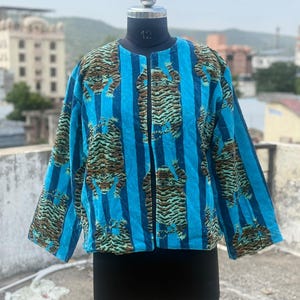 Blue Tiger Print Velvet Jacket | Boho Floral Kimono Cardigan | Printed Velvet Duster Coat | Vintage Bohemian Robe | Gift For Her