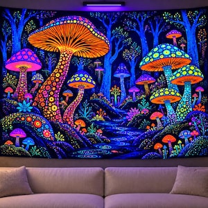 May include: A rectangular wall tapestry featuring a vibrant, neon-colored forest scene filled with glowing mushrooms of various sizes and shapes. The artwork displays a dark background with bright orange, pink, blue, and green bioluminescent patterns.