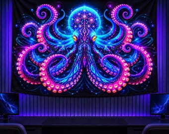 May include: A rectangular wall tapestry featuring a vibrant, bioluminescent octopus design against a black background. The octopus displays glowing blue and purple tentacles with pink suckers, intricate geometric patterns, and bright yellow eyes.