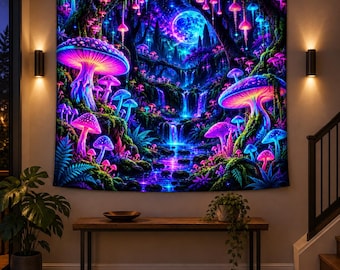 Blacklight Mushroom Tapestry UV Reactive Trippy Magic Forest Moon Fairy Wall Hanging Neon Decor