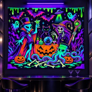 May include: A neon-colored wall tapestry featuring a Halloween scene with a vampire alien, a skeleton witch, a black cat, pumpkins, a crystal ball, ghosts, bats, a UFO, and a green octopus-like creature against a dark purple background.