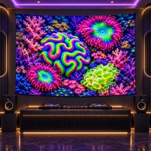 May include: A rectangular wall tapestry featuring a vibrant, bioluminescent coral reef scene with neon pink, lime green, and electric blue textures. The design displays intricate brain coral, sea anemones, and branching coral formations.