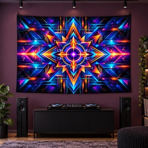 May include: A rectangular wall tapestry featuring a vibrant, symmetrical geometric pattern with a central glowing starburst. The design incorporates sharp angular shapes in neon blue, electric purple, bright orange, and yellow hues.