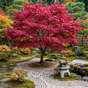 May include: A vibrant Japanese maple tree with deep red leaves stands in a raked gravel garden. A stone lantern sits on the mossy ground nearby, surrounded by stepping stones and smaller shrubs in a serene outdoor landscape setting.