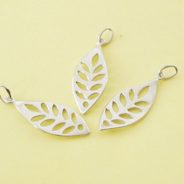 3 Cut Out Leaf Charms, Sterling Silver .925, 9.5x23.7mm, with Closed Jump Ring, SCHP119
