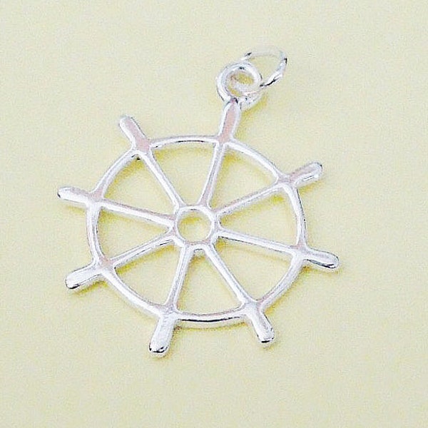 1 pieza, dije de timón de barco plano con anillo ovalado ~ Símbolo náutico, plata de ley .925, 17 mm, SCHP516