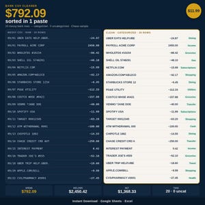 May include: A digital interface titled Bank CSV Cleaner displaying a financial data table. The left side shows raw messy bank rows, while the right side displays clean, categorized data. Financial totals for spend, inflows, and net are listed at the bottom.