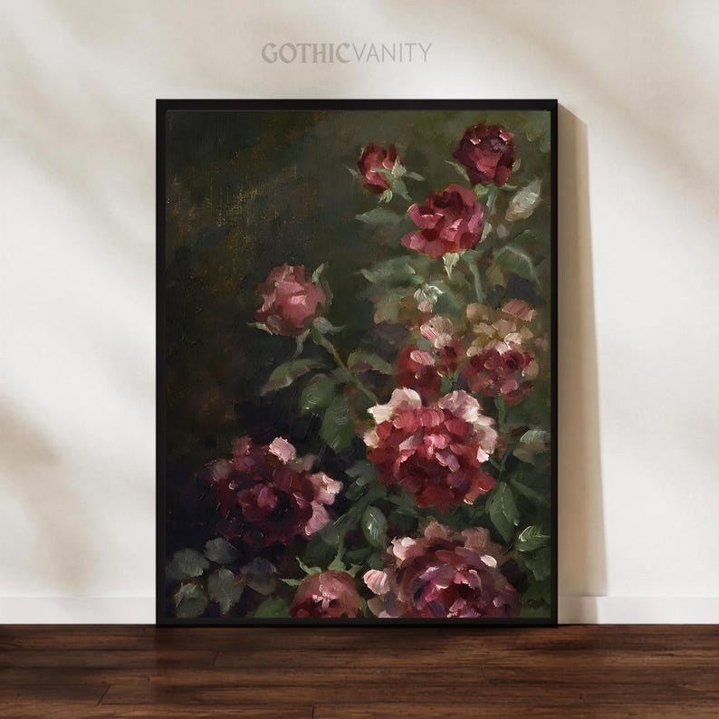 Gothic Burgundy Rose Cluster Print | Dark Academia Floral Oil Painting ...