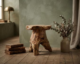 May include: A small stool crafted from a single piece of natural light brown wood, featuring a thick, uneven circular top and a sturdy, organic base with three distinct leg-like protrusions carved from the original tree stump.