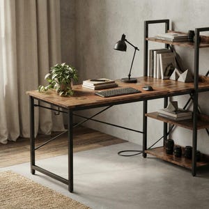 May include: A rectangular desk with a dark brown wood-grain surface and a black metal frame. The desk features an integrated three-tier shelving unit on the right side, a black desk lamp, a keyboard, a computer mouse, and a potted green plant.
