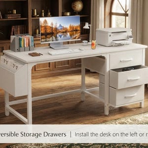 White Computer Desk with 3 Drawers, 47 Inch Reversible Home Office Desk, Writing Desk with File Storage Cabinet, Modern Desk