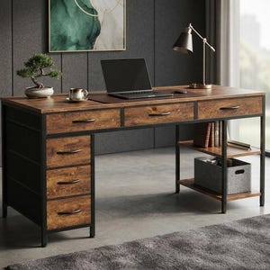 May include: A rectangular desk with a dark brown wood-grain finish and a black metal frame. It features three top drawers, a side column of four drawers, and two open shelves on the right side. The desk surface holds a laptop, a mug, and a bonsai.
