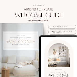 Könnte beinhalten: Eine Airbnb-Willkommensführer-Vorlage mit 35 vollständig bearbeitbaren Seiten, die ein digitales Tablet-Display und eine gedruckte Broschüre zeigt. Der Text lautet MABELLA DESIGN, AIRBNB TEMPLATE, WELCOME GUIDE, 35 FULLY EDITABLE PAGES, EDITABLE IN CANVA und PRINTABLE + INTERACTIVE MOBILE GUIDE.