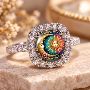 May include: A silver-toned ring featuring a square-shaped centerpiece with a colorful illustration of a sun and moon face surrounded by floral details. The central design is framed by a halo of small, clear, sparkling stones set in metal.