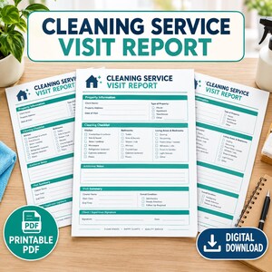 May include: Three white paper cleaning service visit report forms with dark blue and teal text and borders. The forms feature sections for property information, a cleaning checklist for kitchens, bathrooms, and living areas, plus notes and a summary.