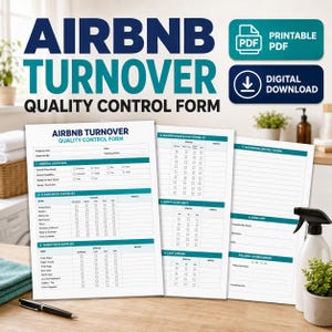 Può includere: Un modulo di controllo qualità per il turnover Airbnb in download digitale stampabile, con sezioni per panoramica generale, lista di pulizia, servizi, manutenzione, sicurezza e firma, utilizzando testo blu e caselle di controllo.