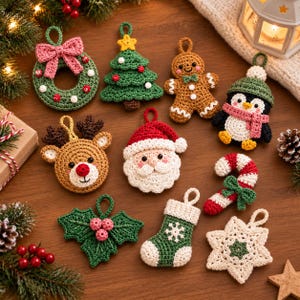 May include: A collection of ten crocheted Christmas ornaments including a wreath with a pink bow, a green tree, a gingerbread person, a penguin in a hat, a reindeer, Santa Claus, a candy cane, holly leaves, a stocking, and a white star.