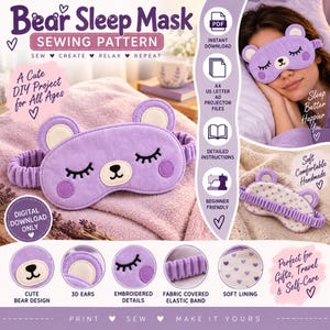 Könnte beinhalten: Ein digitales Schnittmuster für eine Bären-Schlafmaske. Die violette Maske hat gestickte geschlossene Augen, eine cremefarbene Schnauze und runde Ohren. Das Muster enthält Anleitungen für ein stoffbezogenes Gummiband und ein Herzfutter.