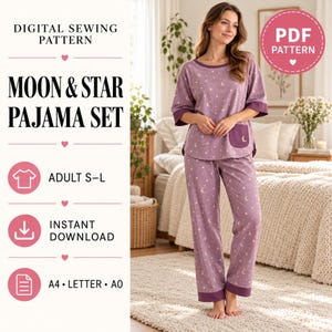 May include: A digital sewing pattern for a moon and star pajama set. The set includes a purple short-sleeved top with a pocket and matching long pants, both featuring a moon and star print. Text includes Digital Sewing Pattern, Moon & Star Pajama Set, Adult S-L, Instant Download, and A4, Letter, A0.
