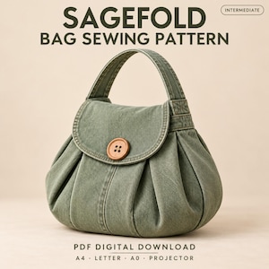 Könnte beinhalten: Eine salbeigrüne Stoffhandtasche mit abgerundeter Form, gefalteten Seiten, einem einzelnen Tragegriff und einem großen braunen Knopfverschluss an der Frontklappe. Der Text lautet SAGEFOLD BAG SEWING PATTERN, INTERMEDIATE, und PDF DIGITAL DOWNLOAD A4 LETTER A0 PROJECTOR.