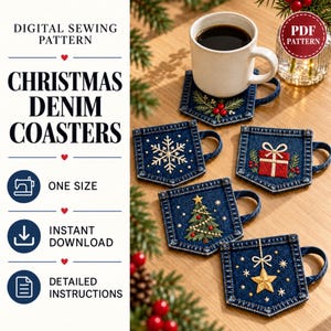 Patrón de costura PDF para posavasos navideños de mezclilla, posavasos bordados con bolsillo, salvamanteles navideño, proyecto de reciclaje de jeans, proyector A4 Carta A0