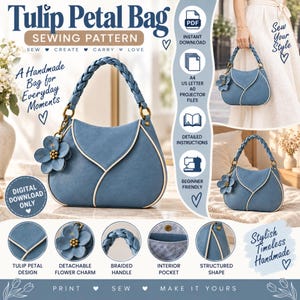 Könnte beinhalten: Ein Schnittmuster für eine blaue Handtasche mit dem Titel Tulip Petal Bag. Das Design zeichnet sich durch eine strukturierte Form mit geflochtenem Griff, einem abnehmbaren Blumenanhänger und einer Innentasche aus. Das Bild enthält Text.