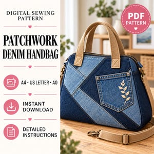 Denim Handbag Sewing Pattern PDF, Patchwork Zipper Purse with Front Pocket, Crossbody Shoulder Bag, A4 US Letter A0 Projector, DIY Gift